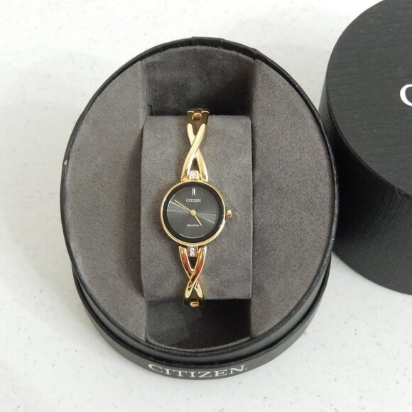 New Citizen Eco Drive Axiom Watch Goldtone Black Dial Crystals EX1422-54E $325 - Picture 3 of 11